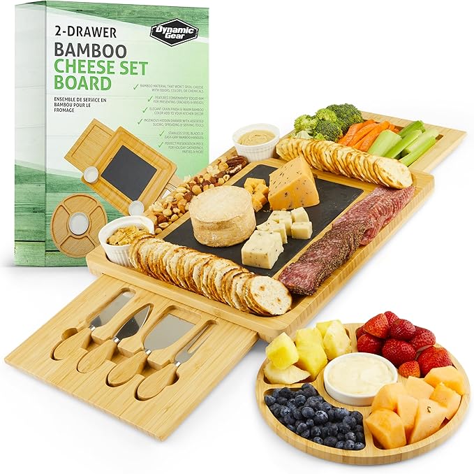 Charcuterie Board Gift Set, Expandable Bamboo Cheese Board with Stainless Steel Serving Utensils