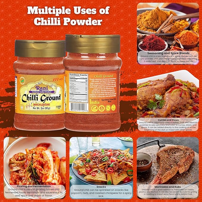 Rani Chilli Powder (Mirchi) Ground Indian Spice 3oz (85g) PET Jar ~ All Natural | Salt-Free | Vegan