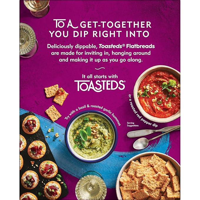 Toasteds Flatbreads Crackers, Party Snacks, Lunch Snacks, Sea Salt and Olive Oil (12 Boxes)