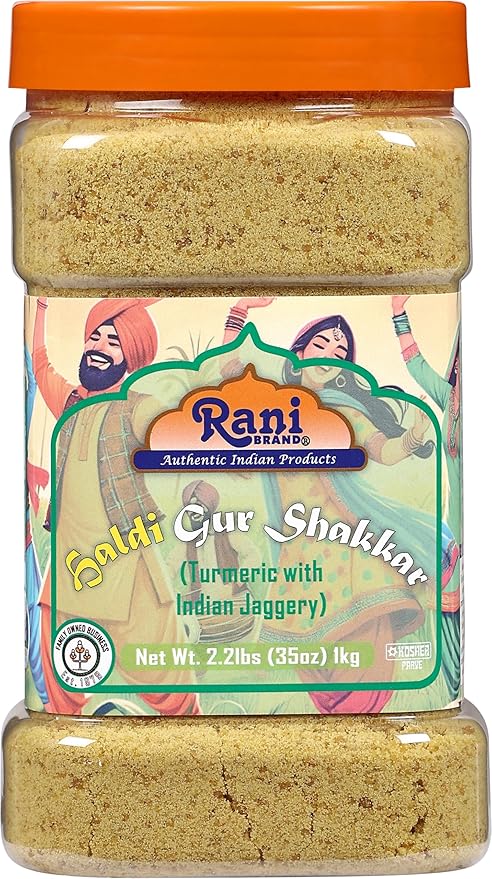 Rani Haldi Gur Shakkar (Turmeric with Indian Jaggery) Indian Unrefined Raw Cane Sugar 35oz (2.2lbs)