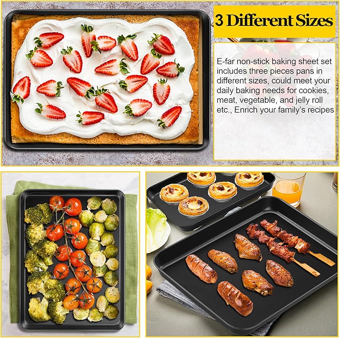 E-far Cookie Baking Sheet Set of 3, Nonstick Metal Sheets Pans Jellyroll Trays for Oven
