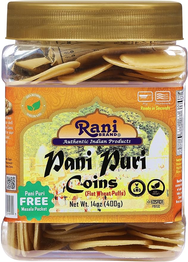 Rani Pani Puri Coins (Uncooked, Microwaveable Wheat Semolina Coins) 14oz (400g) w/Pani Puri Masala