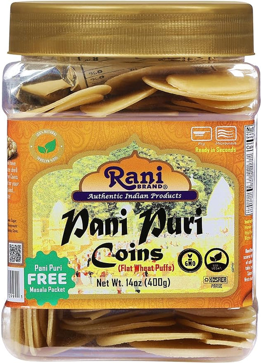 Rani Pani Puri Coins (Uncooked, Microwaveable Wheat Semolina Coins) 14oz (400g) w/Pani Puri Masala