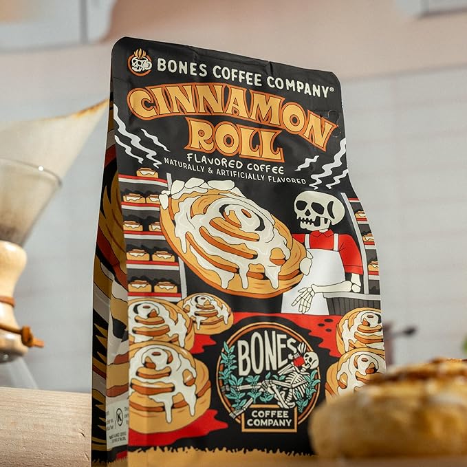 Bones Coffee Company Cinnamon Roll Flavored Coffee, Medium Roast Low Acid Arabica Beans Compatible