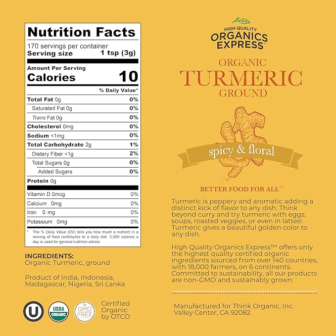 HQOExpress - USDA Certified Organic - Non GMO - Ground Turmeric Spice Powder Seasoning For Cooking