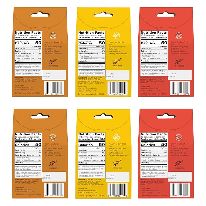 Wedderspoon Organic Manuka Honey Drops, Variety Pack, 4 Oz (Pack of 6) - Genuine New Zealand Honey