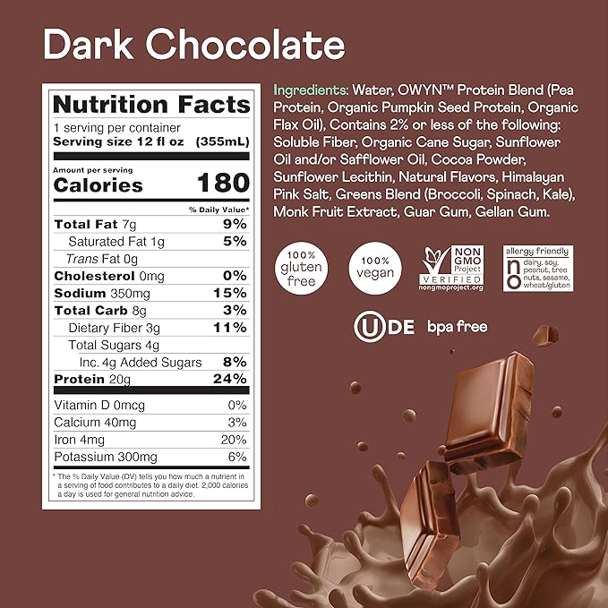 OWYN Only What You Need Plant Based Protein Shake, Dark Chocolate, 20g Vegan Protein from Organic
