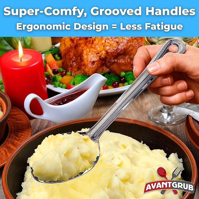 Super Strong, Ergonomic 11 in Serving Spoon 6 Pk (2 of Each Style). Big, Stainless Steel Spoons for