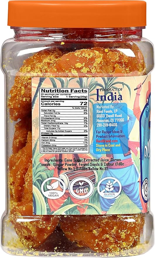 Rani Masala Gur (Jaggery) Indian Unrefined Raw Cane Sugar 17.5oz (1.1lbs) 500g PET Jar ~ Gluten