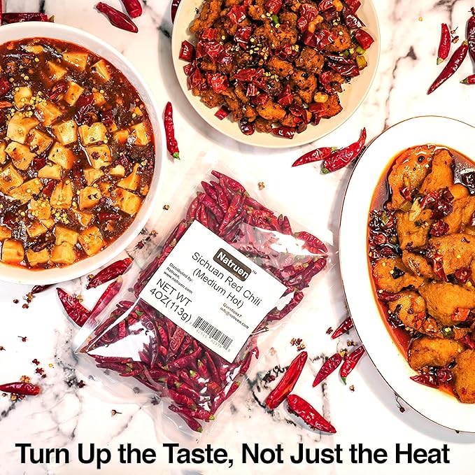 Natruen Whole Dry Szechuan Chinese Red Chili Pods 4 Oz (Medium Hot), Spicy Sichuan Dried Red Hot
