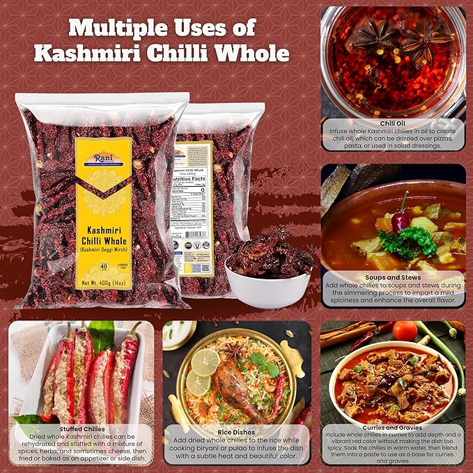 Rani Kashmiri Chilli Whole (Deggi Mirch, Low Heat) 14oz (400g) ~ Natural | Salt-Free | Vegan | No