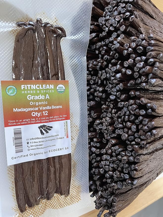 12 Organic Madagascar Vanilla Beans Grade A. Certified USDA Organic 6"-7.5" by FITNCLEAN VANILLA