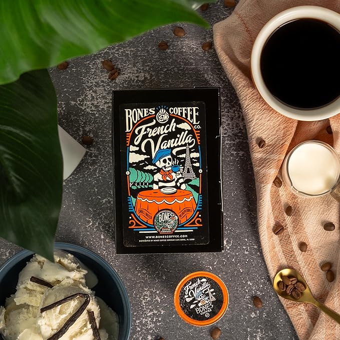 Bones Coffee Company Flavored Coffee Bones Cups French Vanilla Flavored Pods | 12ct Single-Serve
