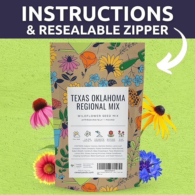 Texas Oklahoma Regional Mix Seeds for Planting - Bulk 1 Pound Bag - Over 240,000 Native Seeds