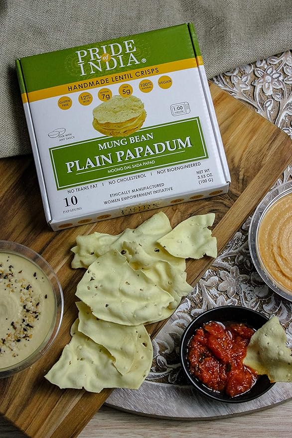 Pride Of India - Mung Bean Plain Papadum Lentil Crisp, 10 count (3.53oz - 100gm) - Plant Based