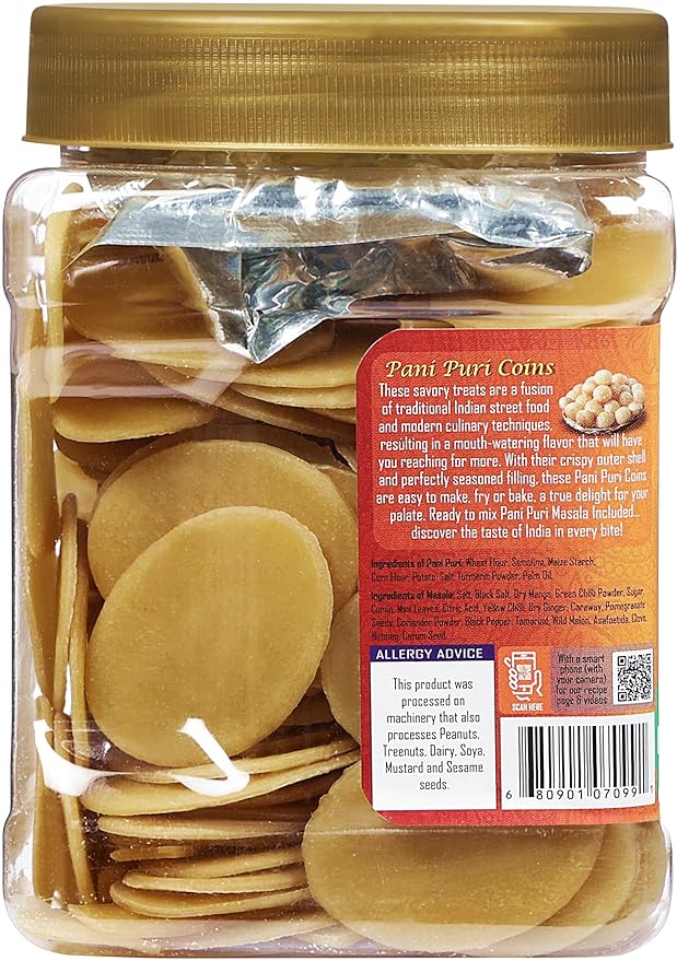 Rani Pani Puri Coins (Uncooked, Microwaveable Wheat Semolina Coins) 14oz (400g) w/Pani Puri Masala