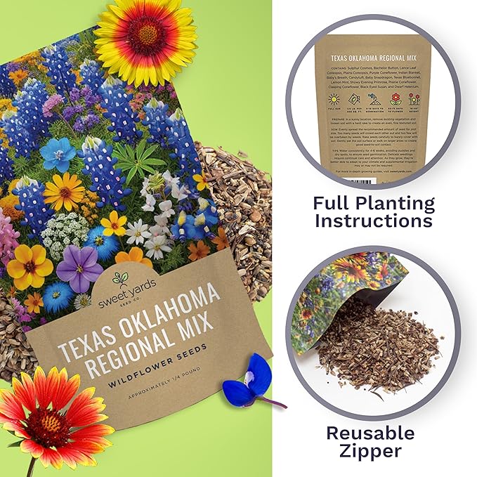 Texas Oklahoma Wildflower Seeds Mixture - Bulk 1/4 Pound Bag - Over 60,000 Native Seeds - Open