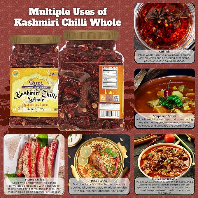 Rani Kashmiri Chilli Whole (Deggi Mirch, Low Heat) 9oz (255g) PET Jar ~ Natural | Salt-Free | Vegan