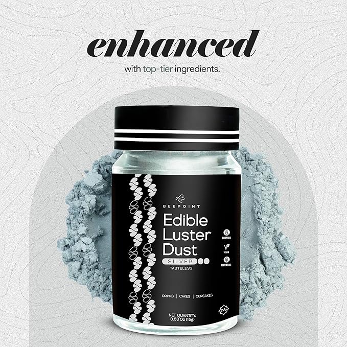 BeePoint Silver Edible Luster Dust 15g - Food Grade, Vibrant Color Shimmer Powdered Dust for