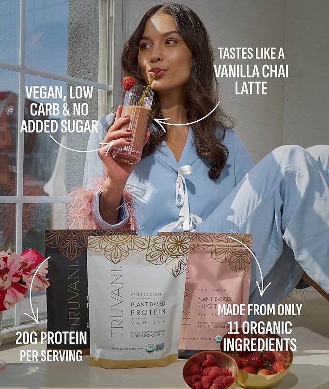 Truvani Vegan Pea Protein Powder | Vanilla Chai | 20g Organic Plant Based Protein | 1 Serving |