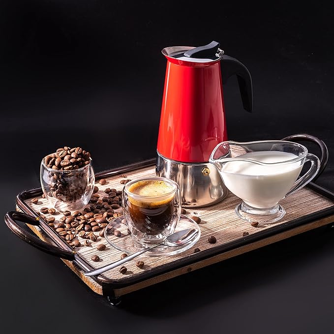 Mixpresso Red 6 Cup Greca Stovetop Espresso Pot 300ml/10oz, Moka Pot with Coffee Percolator Design
