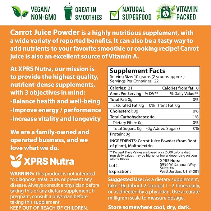 XPRS Nutra 100% Natural Carrot Juice Powder - Pure Carrot Powder from The USA - Ideal for Juice and