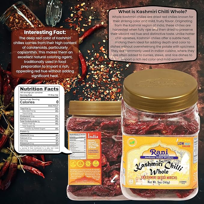 Rani Kashmiri Chilli Whole (Deggi Mirch, Low Heat) 5oz (141g) PET Jar ~ Natural | Salt-Free | Vegan
