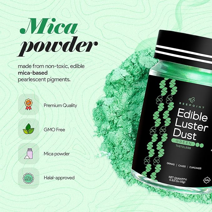BeePoint Green Edible Luster Dust 15g - Food Grade, Vibrant Color Shimmer Powdered Dust for Drinks