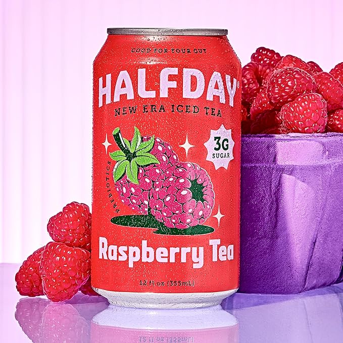 HALFDAY Prebiotic Raspberry Iced Tea Cans, Supports Digestive & Gut Health, 6g Plant Fiber &