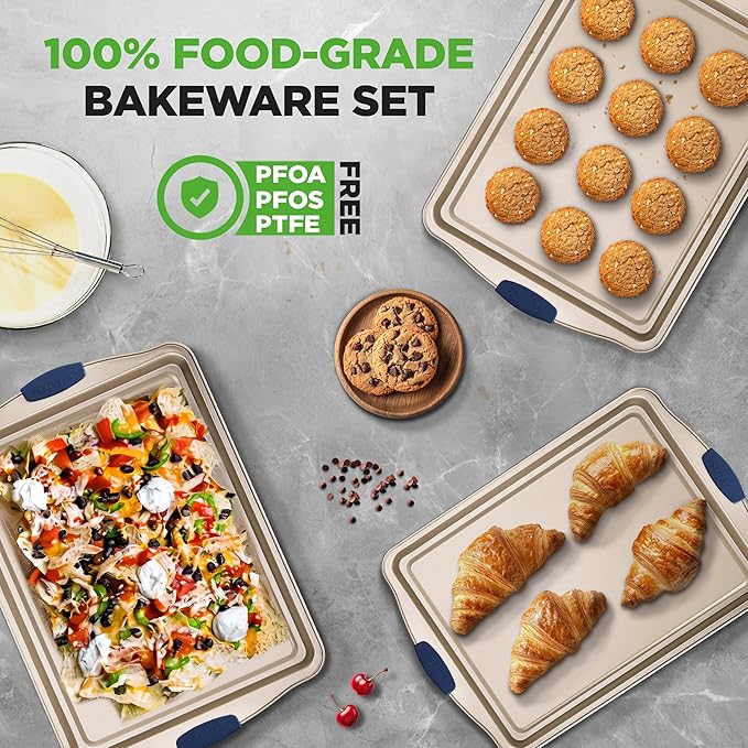 NutriChef 3-Piece Nonstick Bakeware Set - Premium Carbon Steel Oven Baking Trays w/Blue Silicone