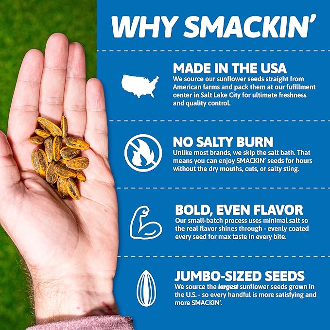 SMACKIN' Sunflower Seeds, Roasted Jumbo Small-Batch, American Made - Backyard BBQ. 1.5oz bags (6