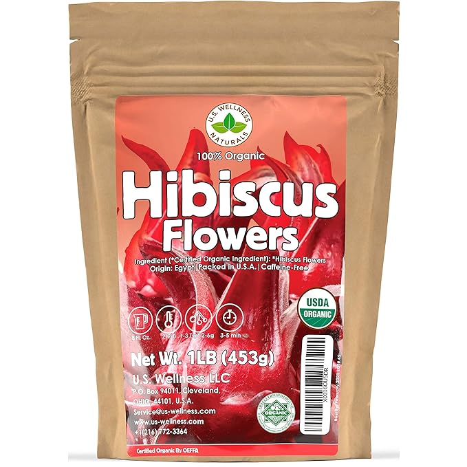 Hibiscus Tea 1LB (16Oz) 100% CERTIFIED Organic Hibiscus Flowers Herbal Tea (WHOLE PETALS), Caffeine