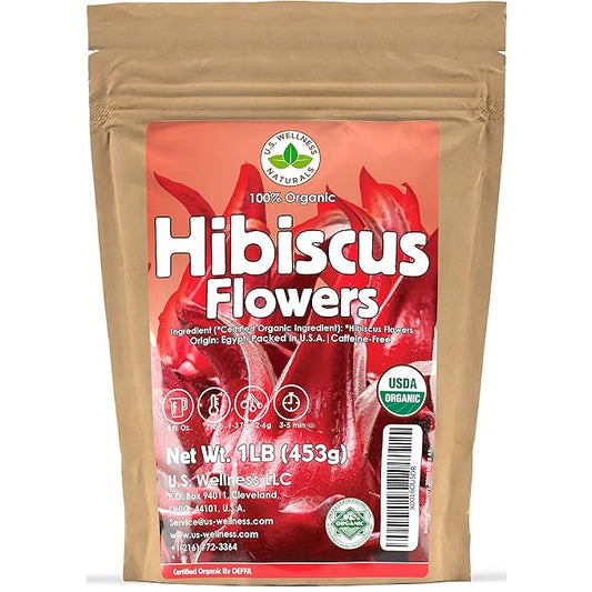 Hibiscus Tea 1LB (16Oz) 100% CERTIFIED Organic Hibiscus Flowers Herbal Tea (WHOLE PETALS), Caffeine