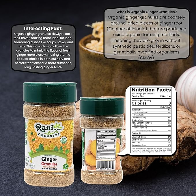Rani Organic Granulated Ginger (Adarak Granules) 3oz (85g) PET Jar ~ All Natural | Gluten Friendly