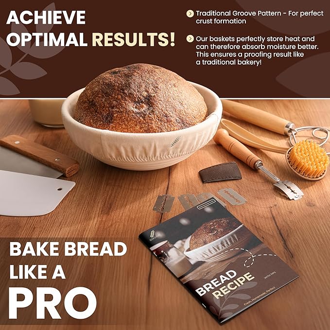 BAKERIA 9" Banneton Proofing Basket Kit (Round) ??Sourdough Bread Making Set with Danish Whisk
