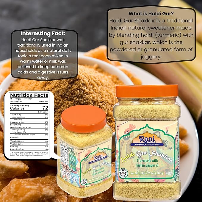 Rani Haldi Gur Shakkar (Turmeric with Indian Jaggery) Indian Unrefined Raw Cane Sugar 17.5oz