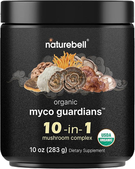 NatureBell Organic Mushroom Powder, 10oz | 10-in-1 Adaptogenic Blend with Lion’s Mane, Reishi