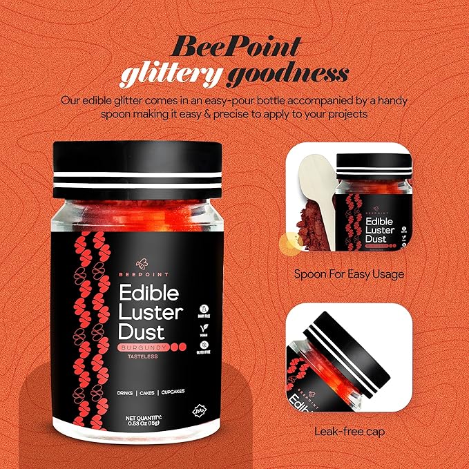 BeePoint Burgundy Edible Luster Dust 15g - Food Grade, Vibrant Color Shimmer Powdered Dust for