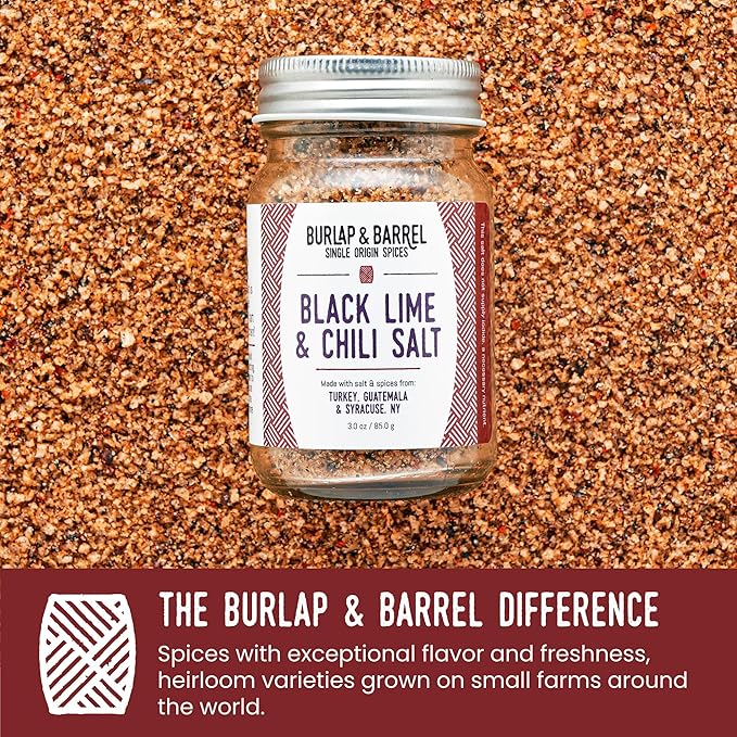 Burlap & Barrel Black Lime & Chili Salt - Savory, Tart, Mildly Spicy - Seasoning Salt for Seafood