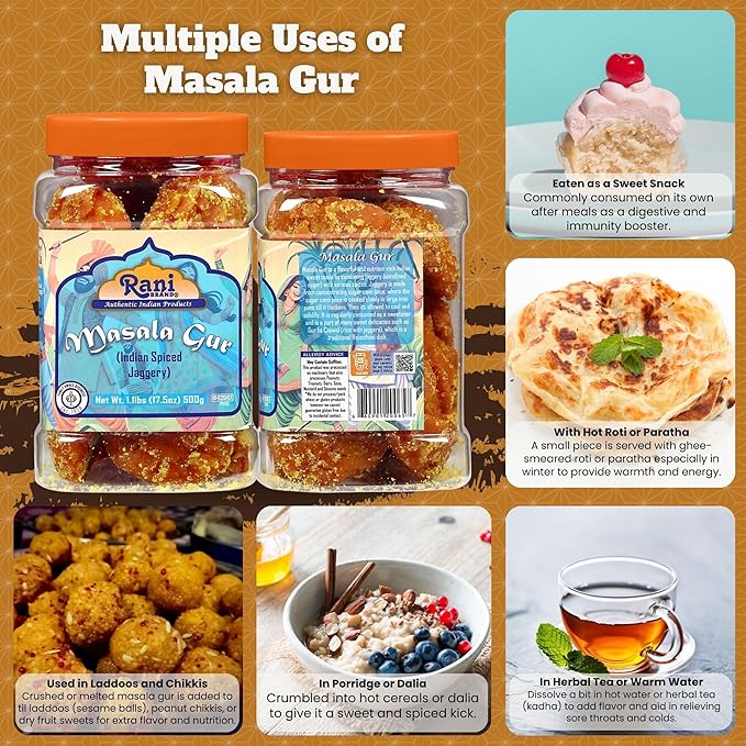Rani Masala Gur (Jaggery) Indian Unrefined Raw Cane Sugar 17.5oz (1.1lbs) 500g PET Jar ~ Gluten