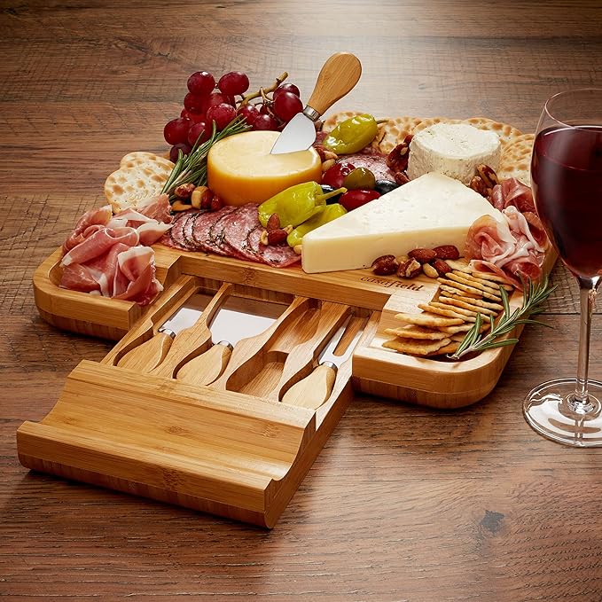Casafield Bamboo Cheese Board and Knife Gift Set, Wooden Charcuterie Board Meat and Cheese Platter