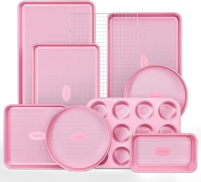 HONGBAKE 9-Piece Baking Pans Set Nonstick, Stackable Non Toxic Bakeware Sets with Diamond Texture