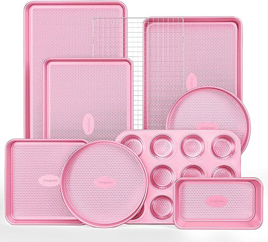 HONGBAKE 9-Piece Baking Pans Set Nonstick, Stackable Non Toxic Bakeware Sets with Diamond Texture