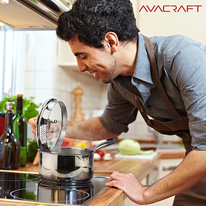 AVACRAFT Stainless Steel Saucepan with Glass Strainer Lid, Two Side Spouts for Easy Pour with