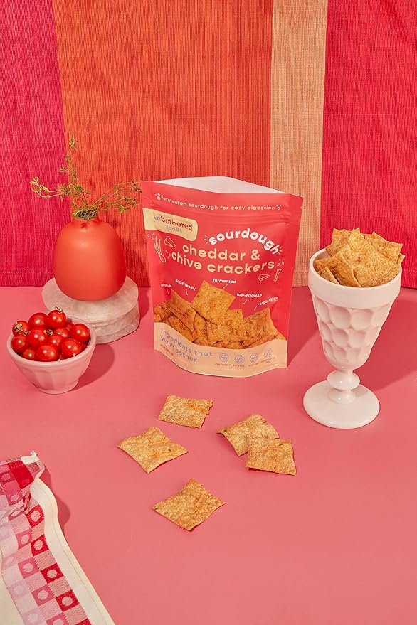 Unbothered Foods Cheddar & Chive Sourdough Crackers - Gut-Friendly & Easy to Digest, Non-GMO, No
