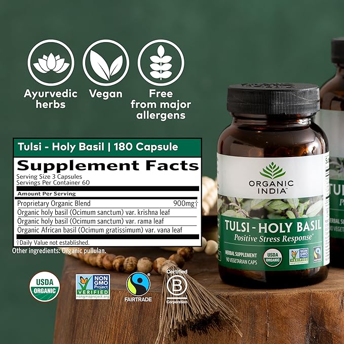 Organic India Tulsi Holy Basil Capsules - Holy Basil Extract - Holy Basil Leaf Supplement, Herbal