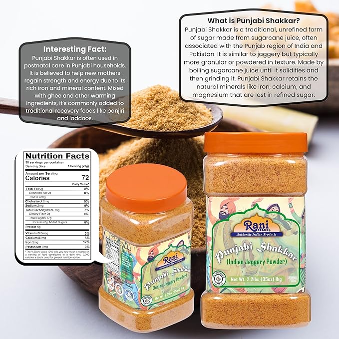 Rani Punjabi Shakkar (Gur Jaggery Powder) Indian Unrefined Raw Cane Sugar 35oz (2.2lbs) 1kg PET Jar