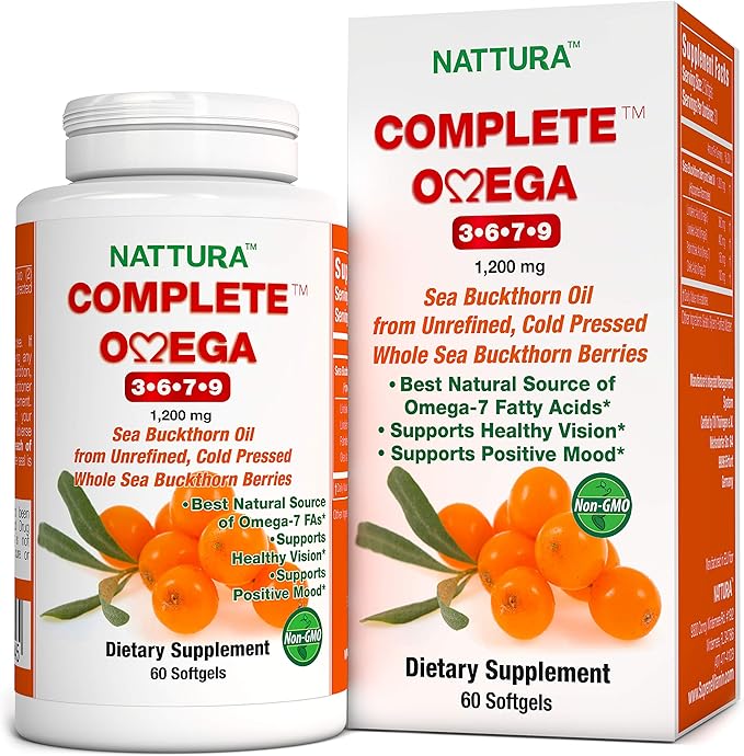 Nattura Complete Omega 3-6-7-9, Pure Sea Buckthorn Oil, European Quality, from Unrefined, Cold