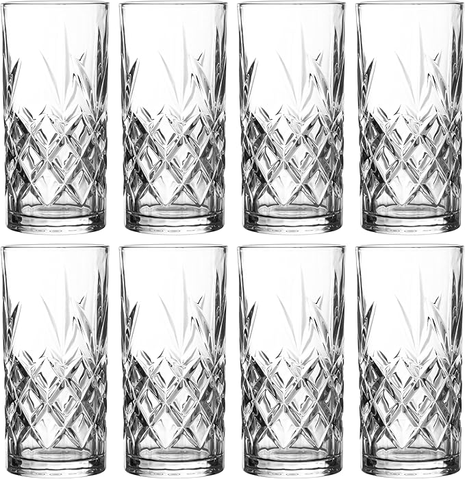 Royalty Art Kinsley Tall Highball Glasses Set of 4, 12 Ounce Cups, Textured Designer Glassware for