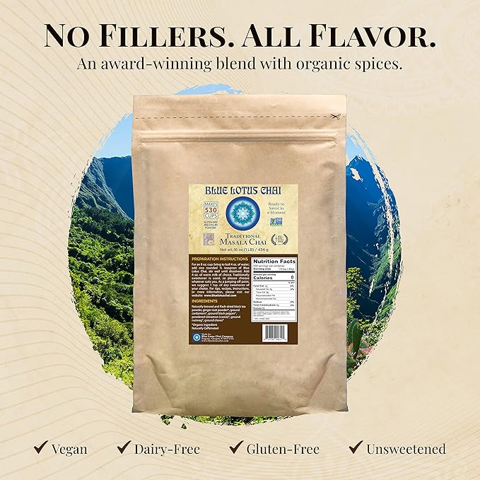 Blue Lotus Chai - Traditional Masala Chai - Makes 530 Cups - 1 Pound Bulk Bag Masala Spiced Chai